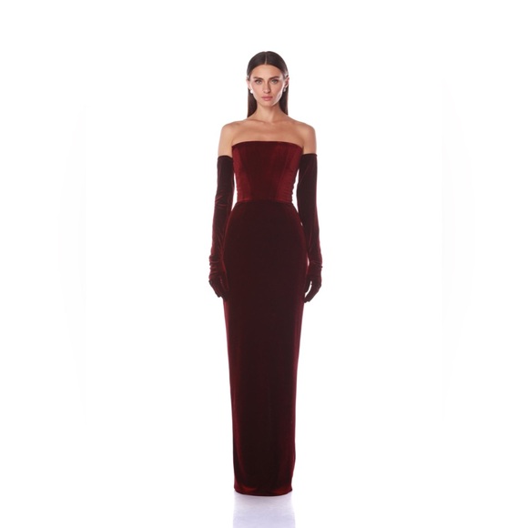 Bronx & Banco Burgundy Corset Back Florentina Strapless Velvet Maxi Gown NWOT